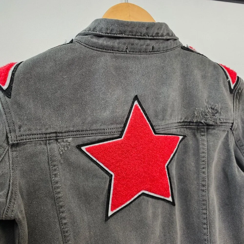 Carmar LF Charcoal Gray Faded Black Denim Jacket Red Star Patches M Distressed - Picture 6 of 11